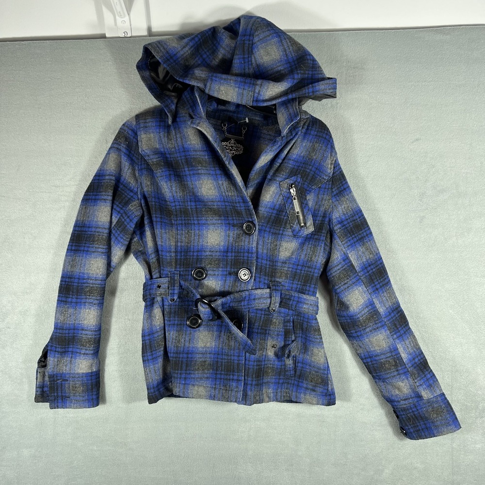 JOUJOU Women's M Blue Gray Black Plaid Hooded‎ Belted Peacoat Jacket Coat